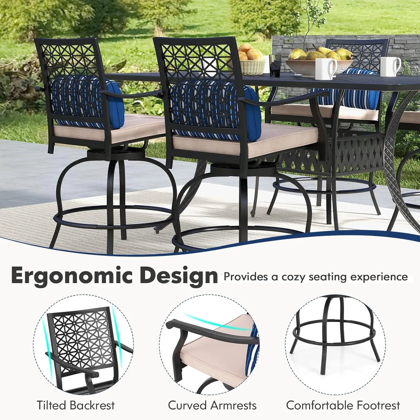 Swivel Counter Height Bar Stools with Footrest, Seat Cushions & Lumbar Pillows