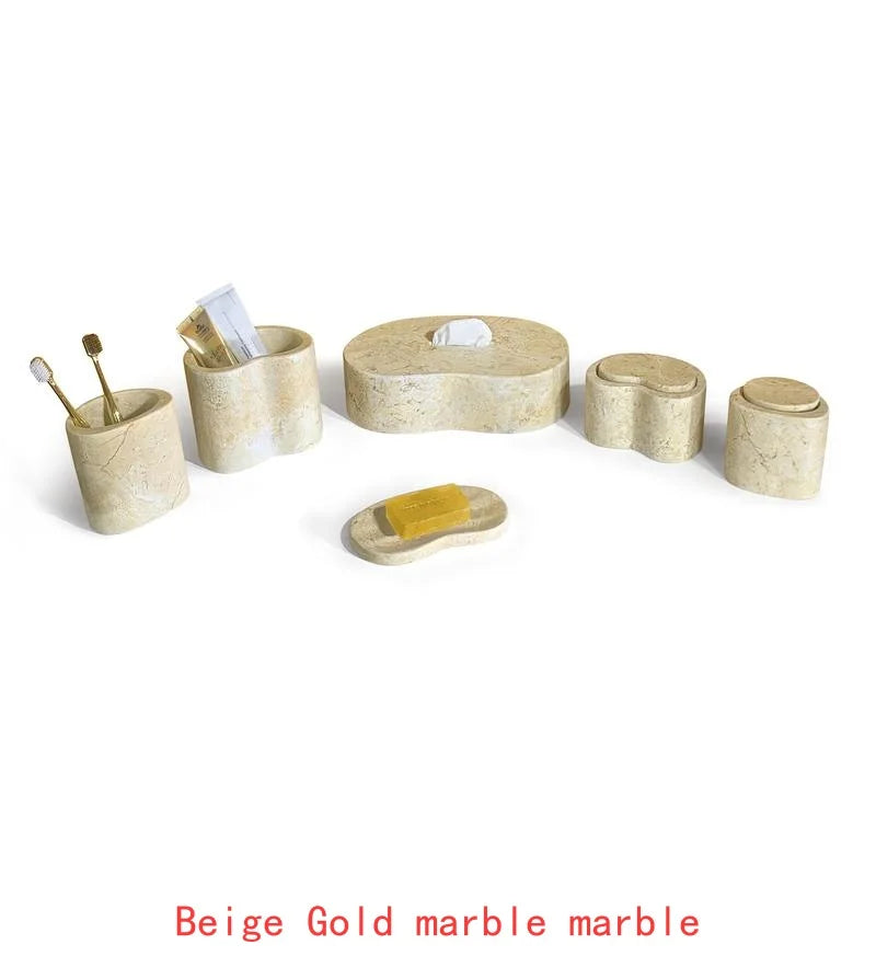 Natural Marble Bathroom Accessories Set - Gold Yellow Beige Genuine Stone Decor