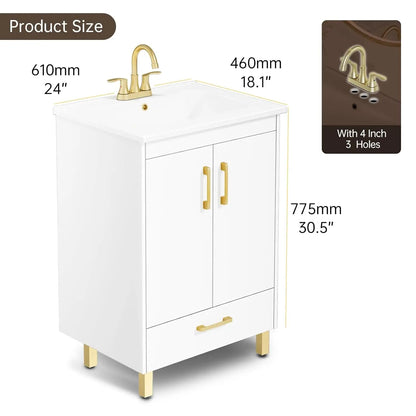 Fully Pre-Assembled 24 inch White Bathroom Vanity with Ceramic Sink Combo, 2 Soft Close Doors and 1 Drawer Bathroom, Customized