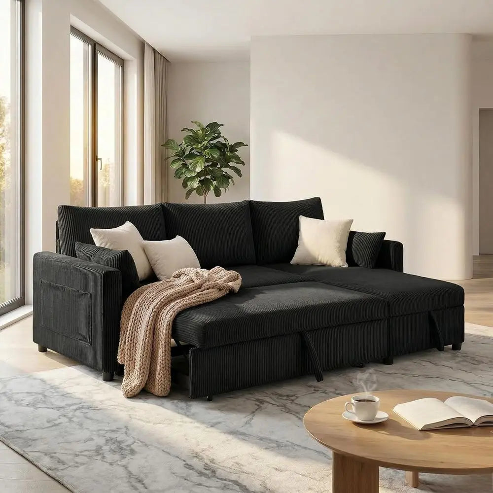 86in Reversible Sectional Soa Couch, Sleeper Soa Bed with Storage Chaise Pull Out Couch or Living Room (Deepblack)