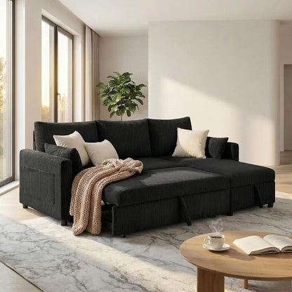 86in Reversible Sectional Soa Couch, Sleeper Soa Bed with Storage Chaise Pull Out Couch or Living Room (Deepblack)