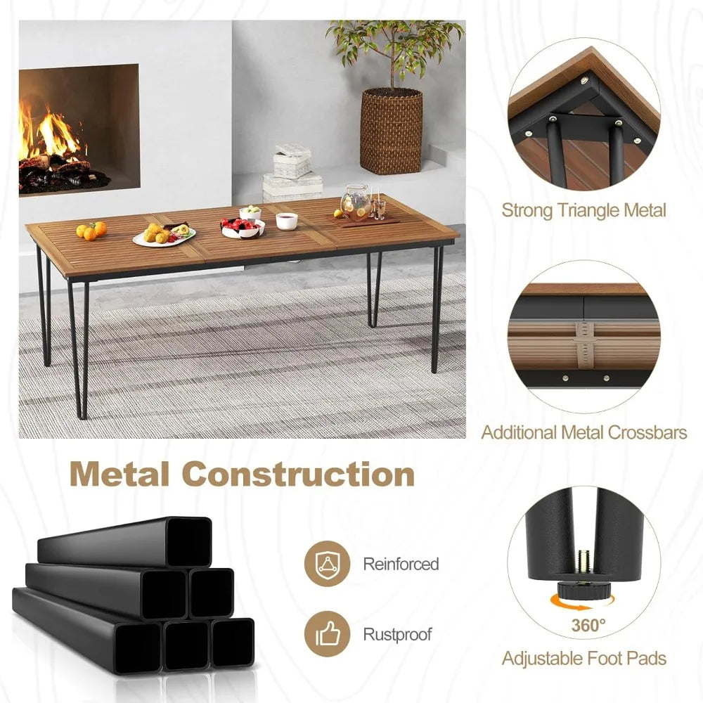 79 Inch Outdoor Dining Table, 8-Person Patio Table with 1.9 Inch Umbrella Hole, Metal Legs & Adjustable Foot Pads