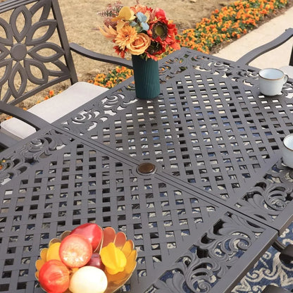 6-Person Rectangular Cast Aluminium Outdoor Dining Table, Patio Bistro Table with 2.3" Umbrella Hole for Porch Backyard