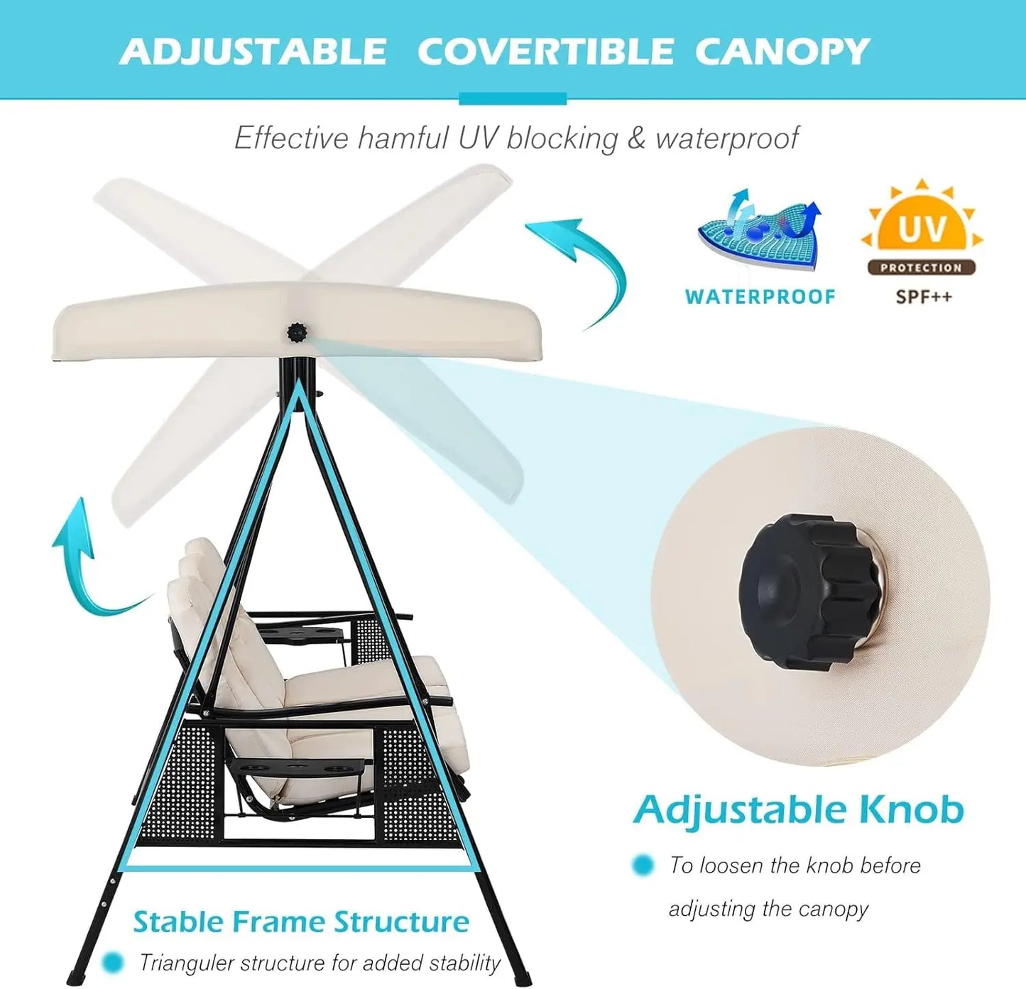 Outdoor 3-Seat Porch Swing with Adjustable Canopy