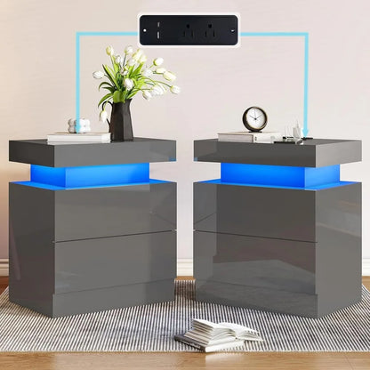 High Gloss End Table Set of 2 with Charging Station, Modern Bedside Table Night Stand with LED Lights,Customized