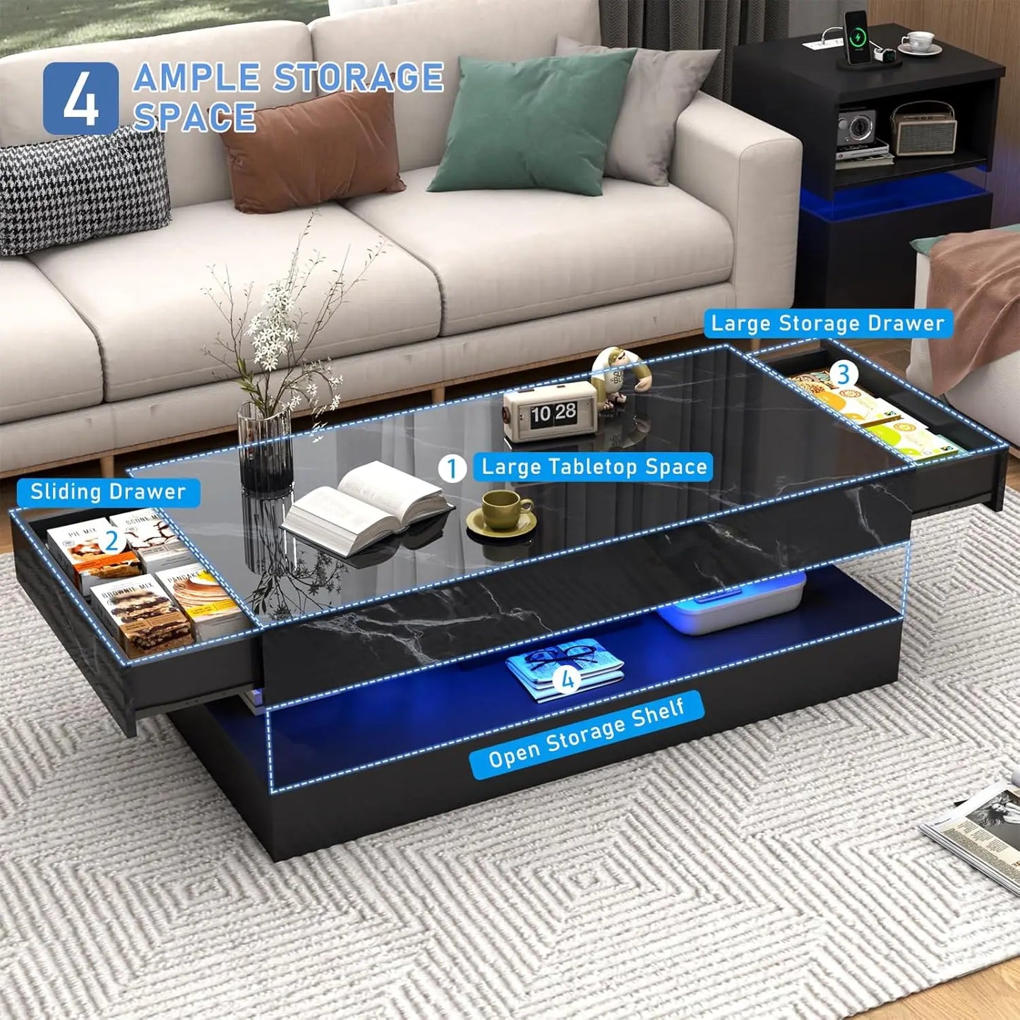 Modern Stylish Coffee Table with LED lights and 2 Storage Drawers