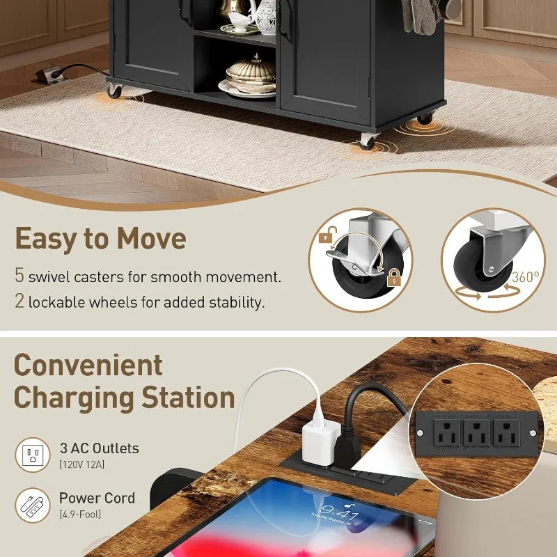 RALGEND Kitchen Island with Power Outlets & Drop Leaf, Kitchen Cart with Storage, Drawer and Spice Rack, Tower Rack