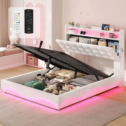 Twin Bed with LED Lights, Charging Station, Storage and Velvet Upholstery in Creamy White for Girls