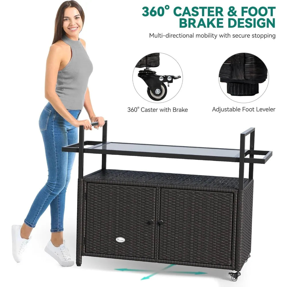 Large Outdoor Kitchen Wicker Island Rolling Cart, Patio Storage Cabinet w/Wheels