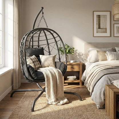 Wicker Foldable Hanging Egg Chair with Stand