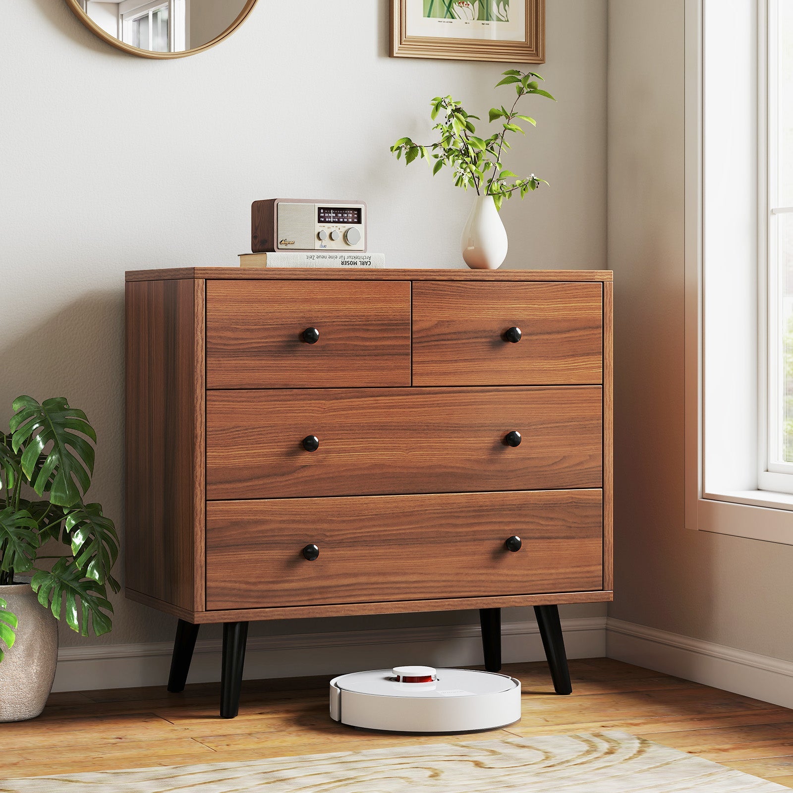 Wide Wooden Dresser with 4 Drawers for Bedroom Living Room –