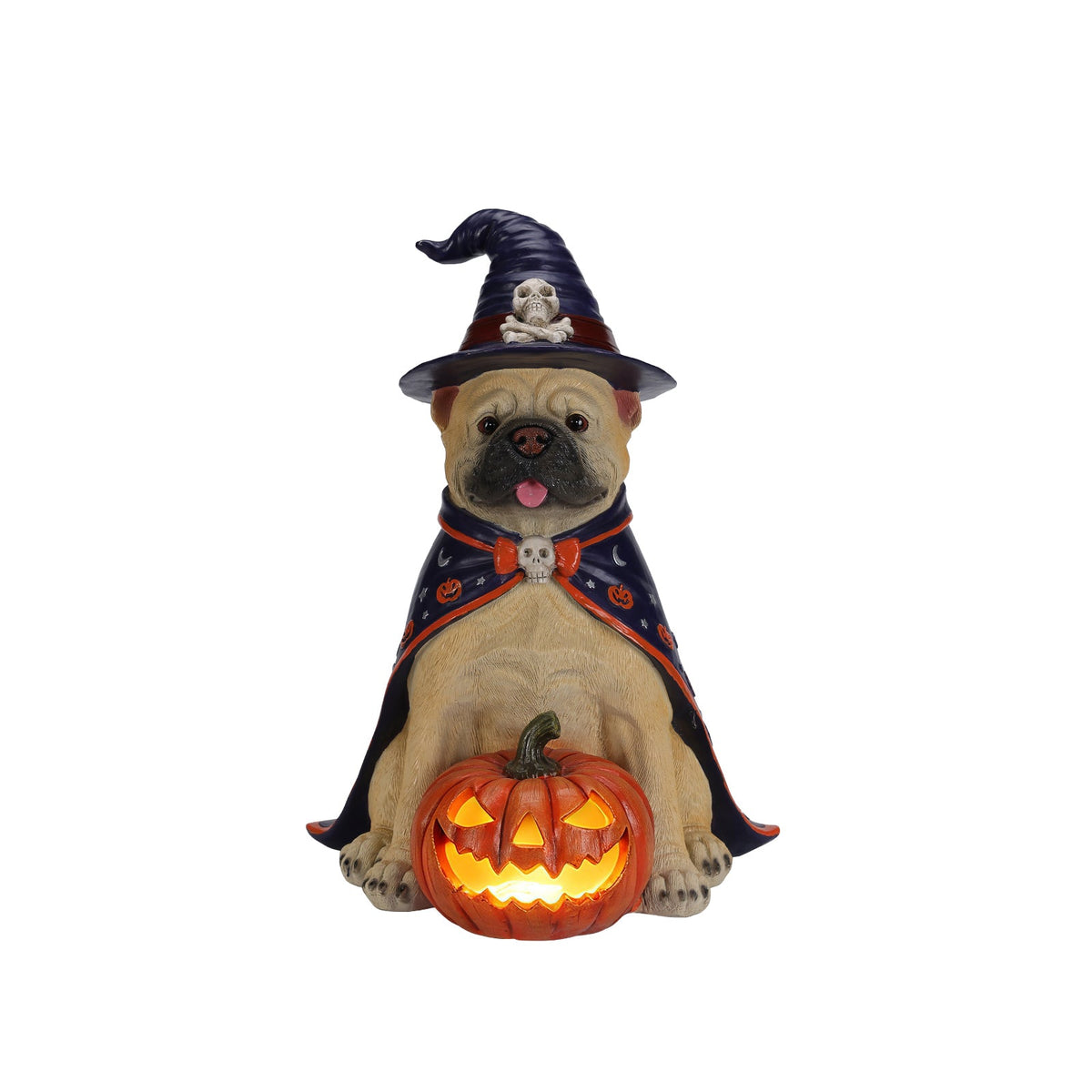 Halloween Bulldog Witch Statue with LED Light Up Jack-O-Lantern Pumpkin - Orange, Black, & Purple