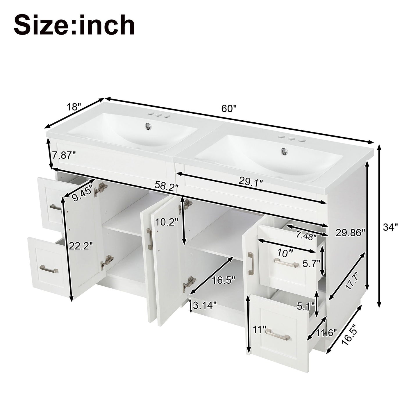 Bathroom Vanity With 2 Doors, 2 Drawers, Adjustable Shelf, Hidden Slides & Soft Close Hinges