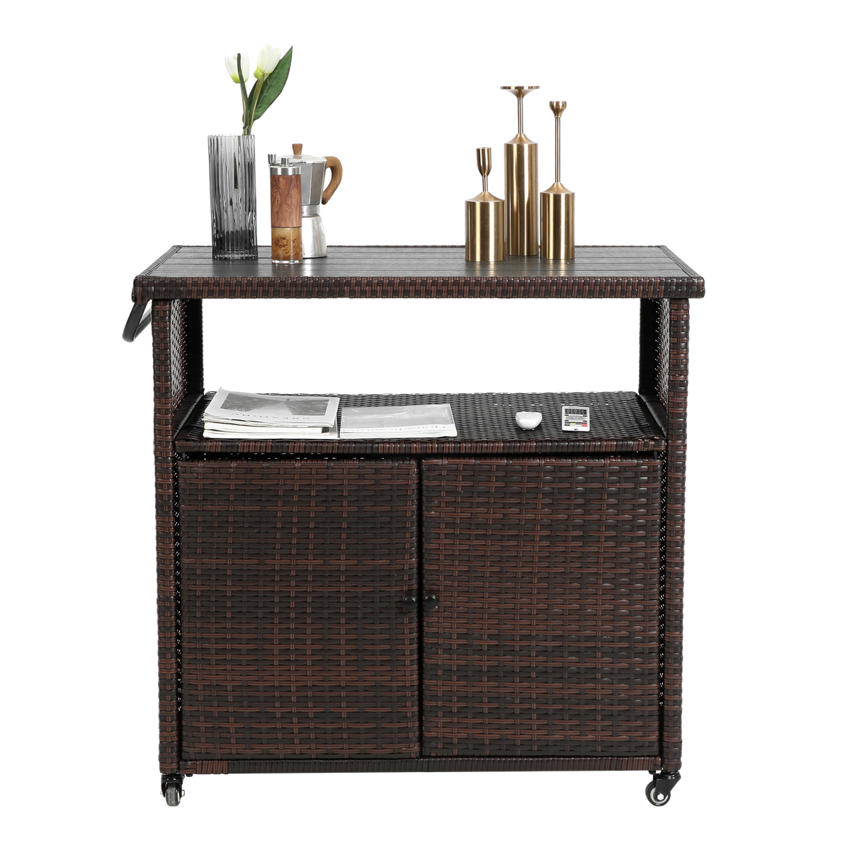 Outdoor Wicker Bar Cart, Patio Wine Serving Cart