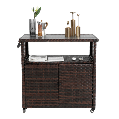 Outdoor Wicker Bar Cart, Patio Wine Serving Cart