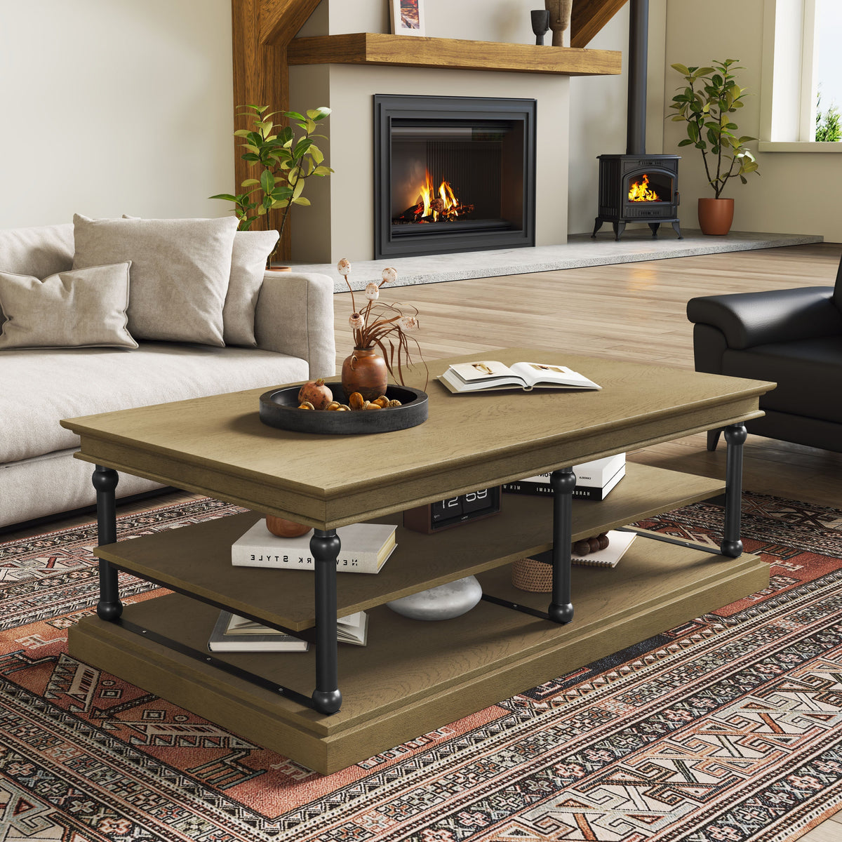 55.1' Wood Coffee Table with Black Legs and Open Storage Shelves
