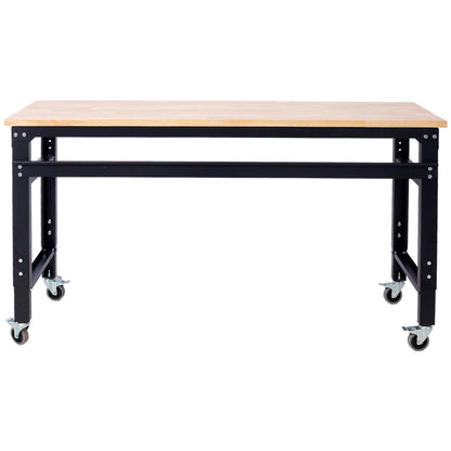 Wide Rolling Workbench For Garage, Adjustable Height, Workshop Tool Bench, Metal With Rubber Wood Top