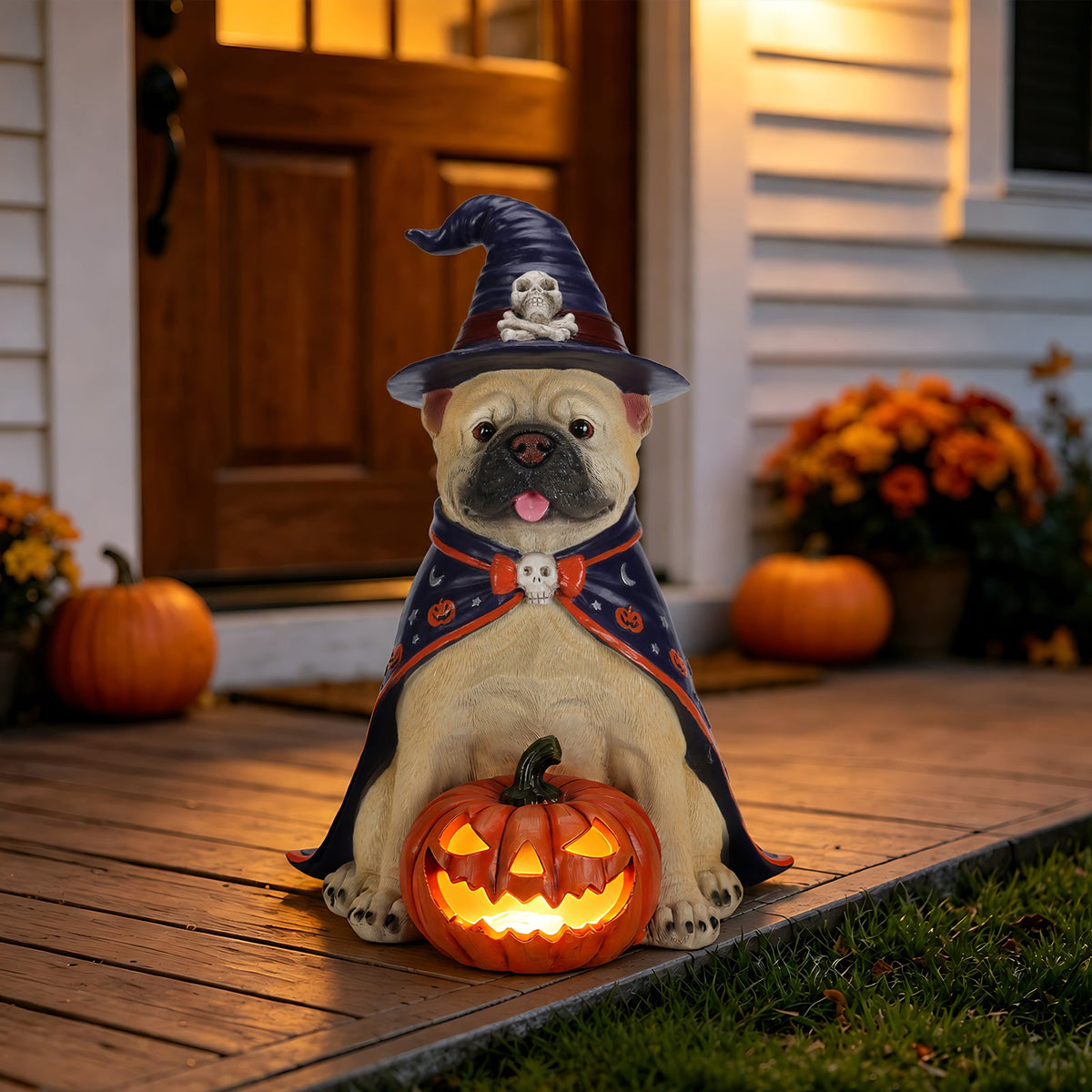 Halloween Bulldog Witch Statue with LED Light Up Jack-O-Lantern Pumpkin - Orange, Black, & Purple