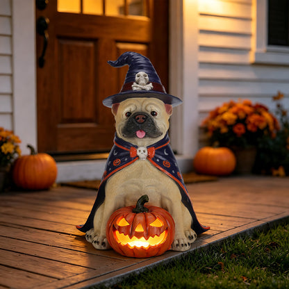 Halloween Bulldog Witch Statue with LED Light Up Jack-O-Lantern Pumpkin - Orange, Black, & Purple