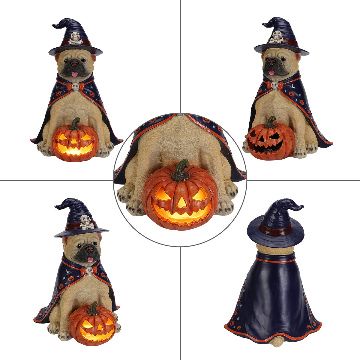 Halloween Bulldog Witch Statue with LED Light Up Jack-O-Lantern Pumpkin - Orange, Black, & Purple