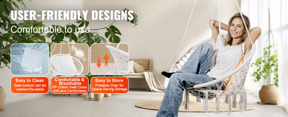 330lbs Macramé Hanging Rope Swing Chair for Bedroom, Balcony, Patio or Garden