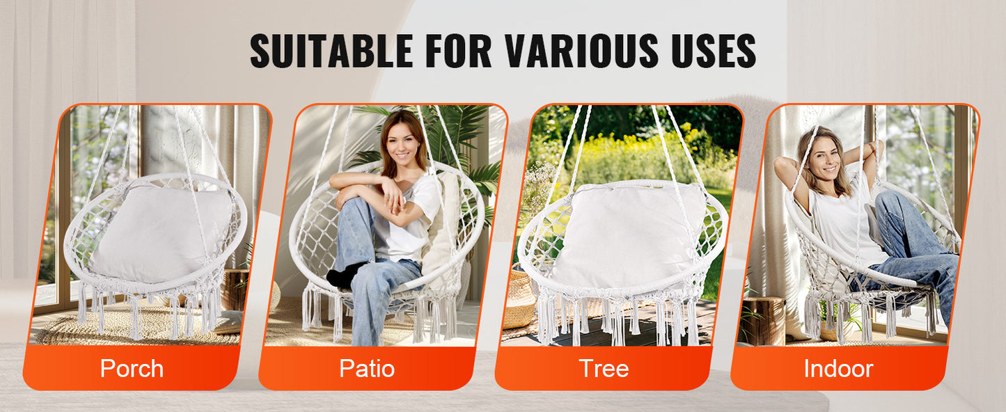 330lbs Macramé Hanging Rope Swing Chair for Bedroom, Balcony, Patio or Garden