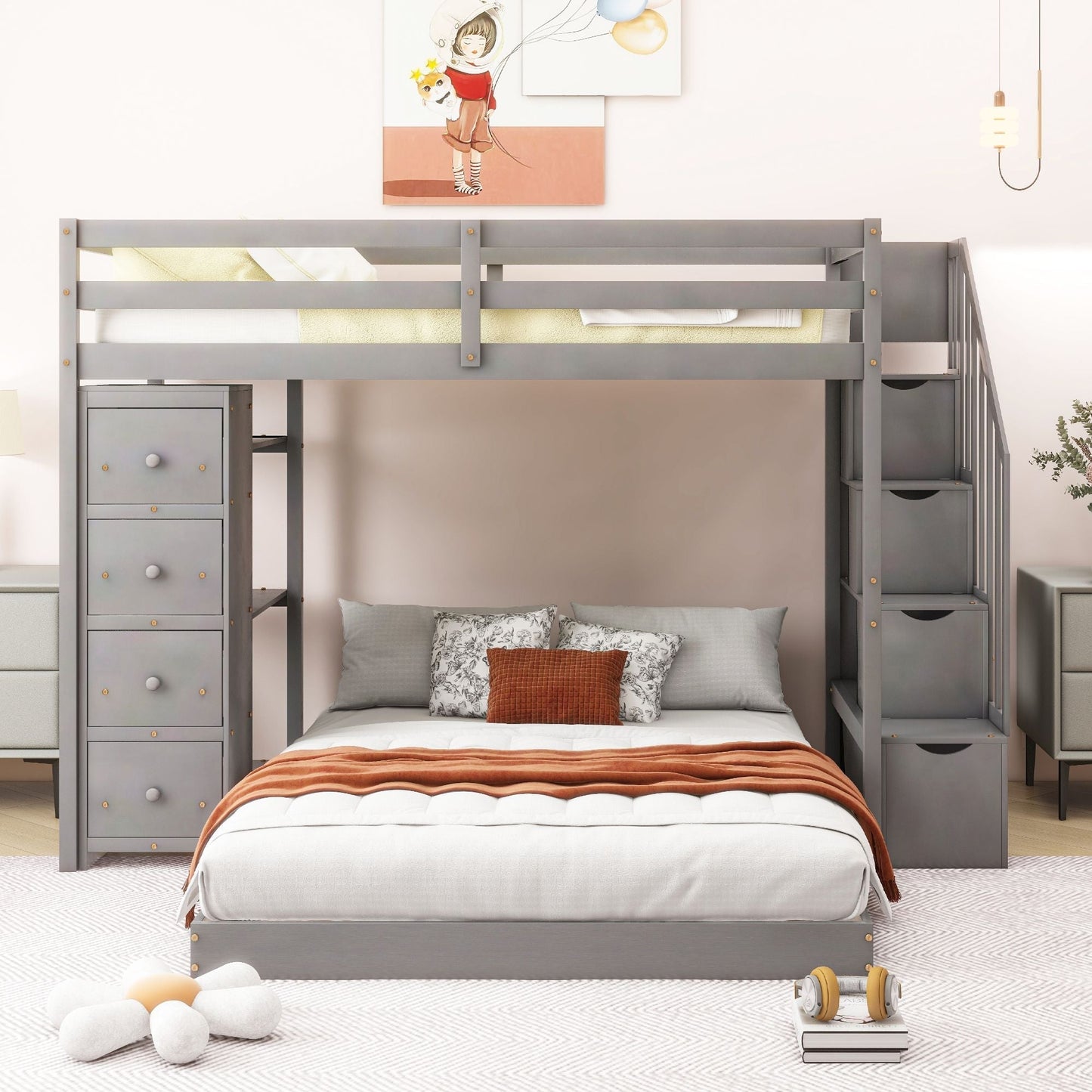 Twin Over Full Wood Bunk Bed with Storage Staircase and Drawers | Just Better Bunk Beds