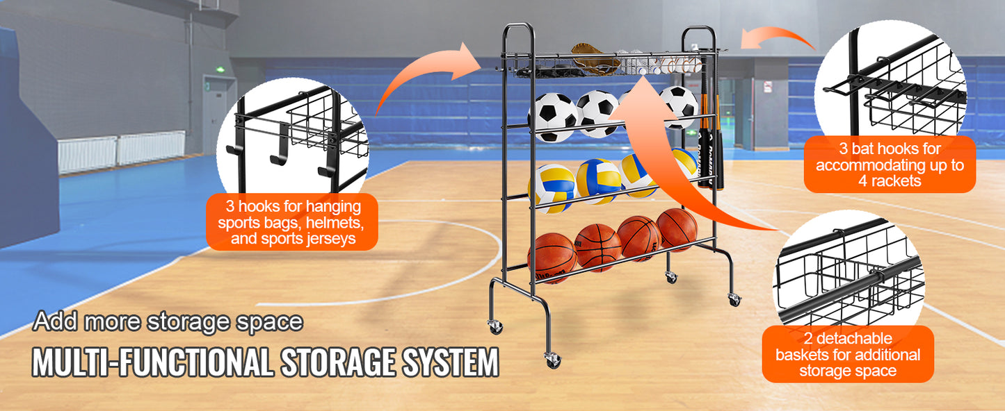4-Layers Basketball Rack Rolling Storage Organizer