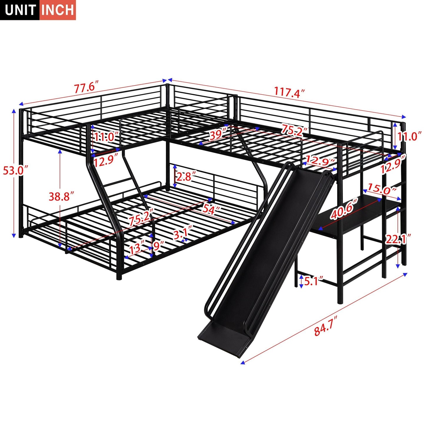 Twin Over Full Metal Bunk Bed with Integrated Ladder, Black | Just Better Bunk Beds