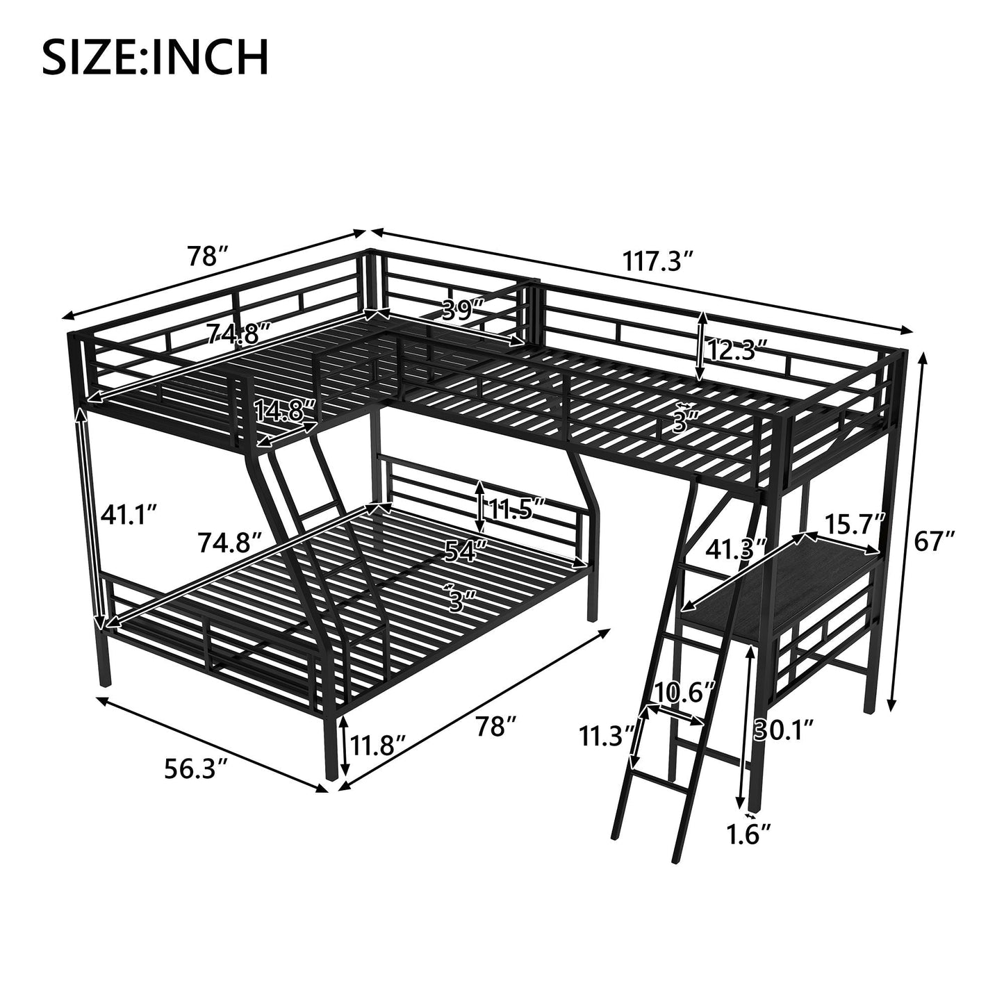 Twin Over Full Metal Bunk Bed with Integrated Ladder, Black | Just Better Bunk Beds
