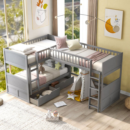 Twin Over Twin Loft Bunk Bed with Two Storage Drawers, Gray Pine Wood | Just Better Bunk Beds