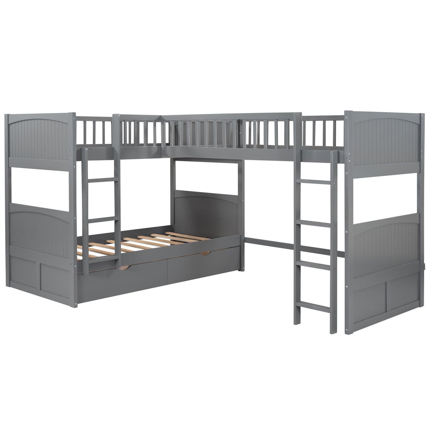 Twin Over Twin Loft Bunk Bed with Two Storage Drawers, Gray Pine Wood | Just Better Bunk Beds