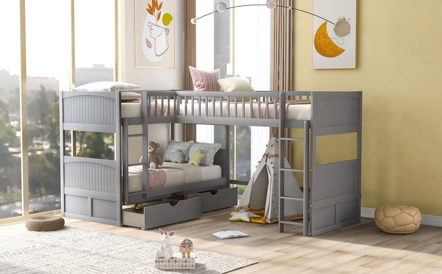 Twin Over Twin Loft Bunk Bed with Two Storage Drawers, Gray Pine Wood | Just Better Bunk Beds