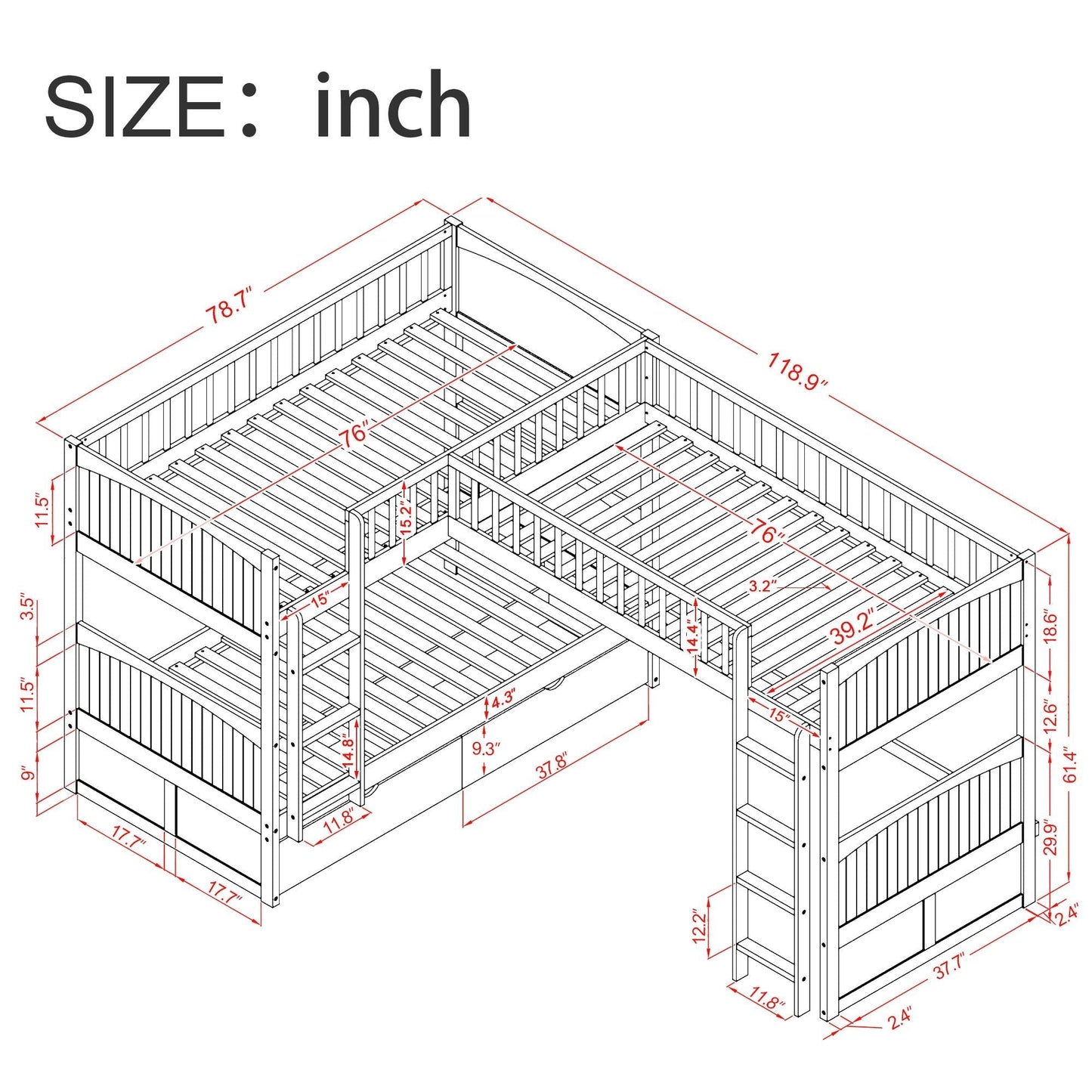 Twin Over Twin Loft Bunk Bed with Two Storage Drawers, Gray Pine Wood | Just Better Bunk Beds