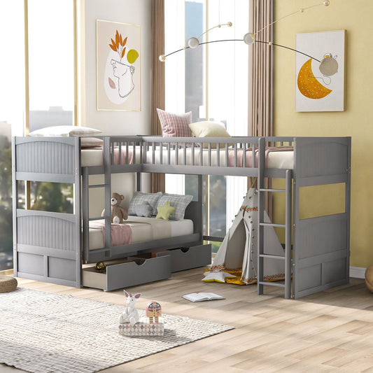Twin Over Twin Loft Bunk Bed with Two Storage Drawers, Gray Pine Wood | Just Better Bunk Beds