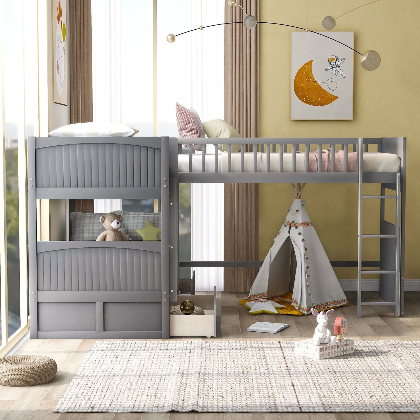 Twin Over Twin Loft Bunk Bed with Two Storage Drawers, Gray Pine Wood | Just Better Bunk Beds