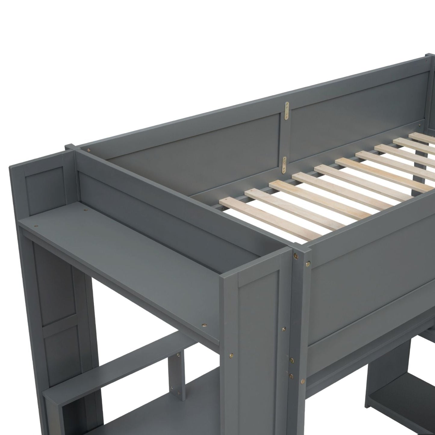 Twin Wood Loft Bed with Desk, Storage Shelves, and LED Lighting, Dark Gray | Just Better Bunk Beds