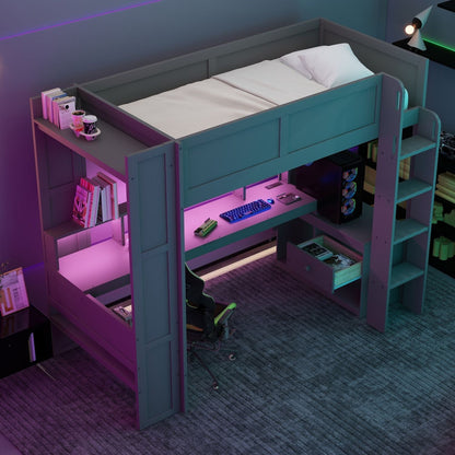 Twin Wood Loft Bed with Desk, Storage Shelves, and LED Lighting, Dark Gray | Just Better Bunk Beds