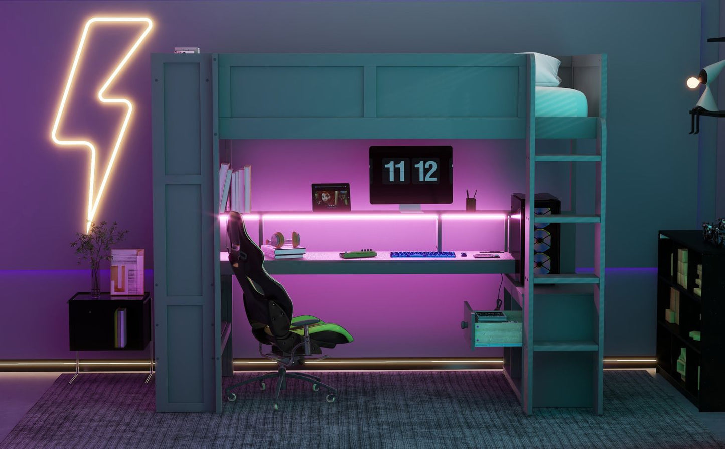 Twin Wood Loft Bed with Desk, Storage Shelves, and LED Lighting, Dark Gray | Just Better Bunk Beds
