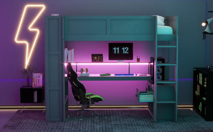 Twin Wood Loft Bed with Desk, Storage Shelves, and LED Lighting, Dark Gray | Just Better Bunk Beds