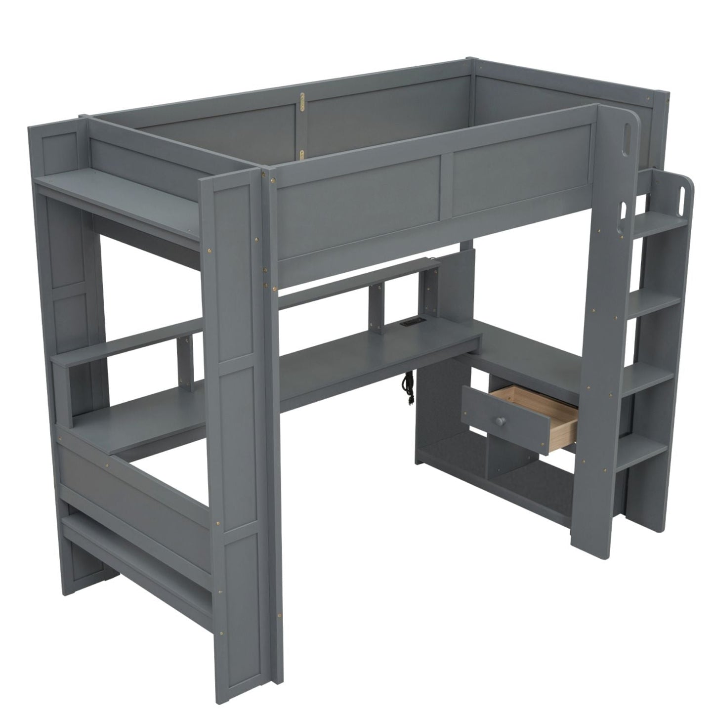 Twin Wood Loft Bed with Desk, Storage Shelves, and LED Lighting, Dark Gray | Just Better Bunk Beds