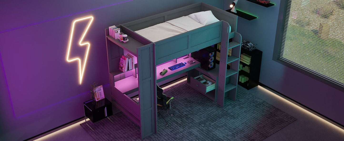 Twin Wood Loft Bed with Desk, Storage Shelves, and LED Lighting, Dark Gray | Just Better Bunk Beds
