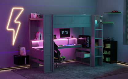 Twin Wood Loft Bed with Desk, Storage Shelves, and LED Lighting, Dark Gray | Just Better Bunk Beds