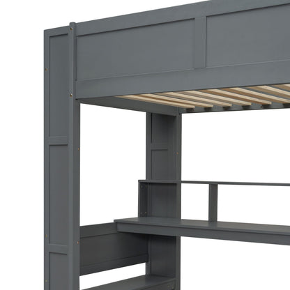 Twin Wood Loft Bed with Desk, Storage Shelves, and LED Lighting, Dark Gray | Just Better Bunk Beds