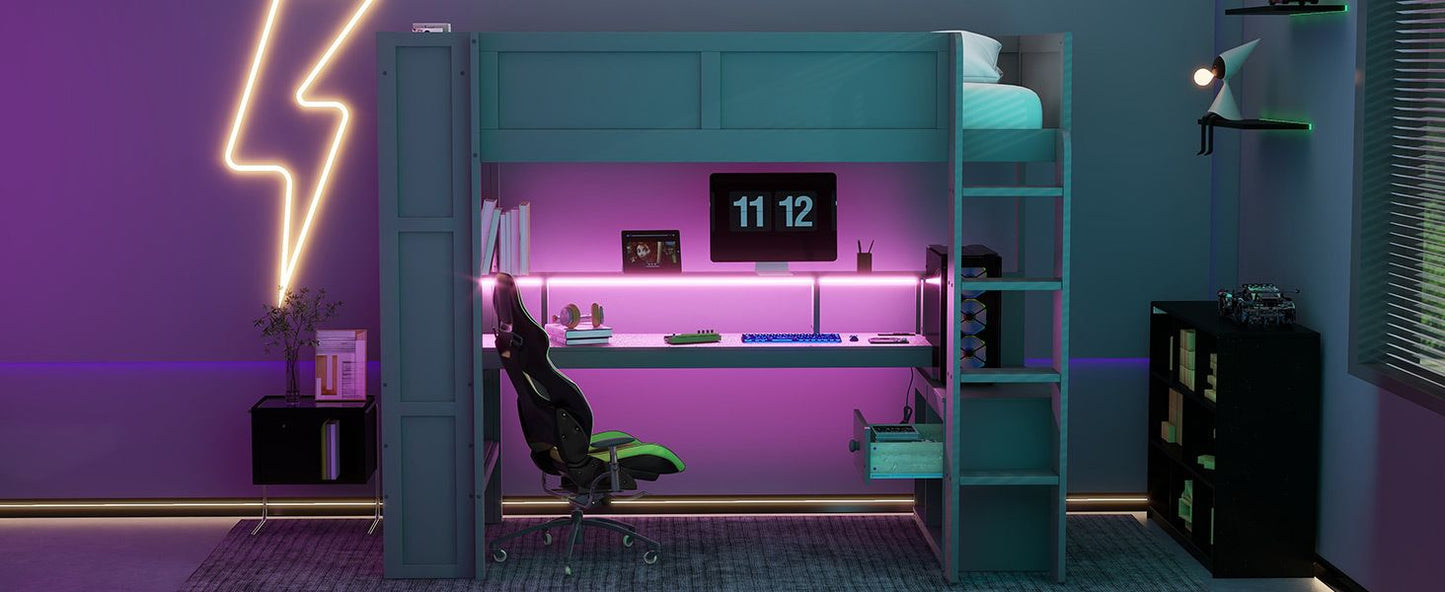 Twin Wood Loft Bed with Desk, Storage Shelves, and LED Lighting, Dark Gray | Just Better Bunk Beds
