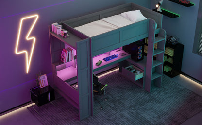 Twin Wood Loft Bed with Desk, Storage Shelves, and LED Lighting, Dark Gray | Just Better Bunk Beds