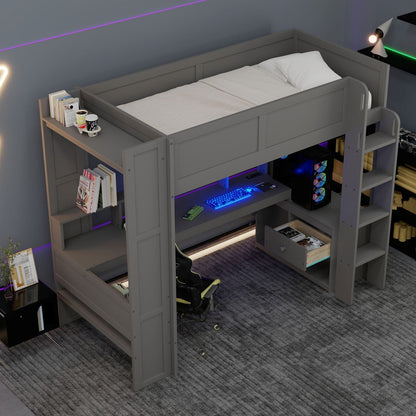 Twin Wood Loft Bed with Desk, Storage Shelves, and LED Lighting, Dark Gray | Just Better Bunk Beds