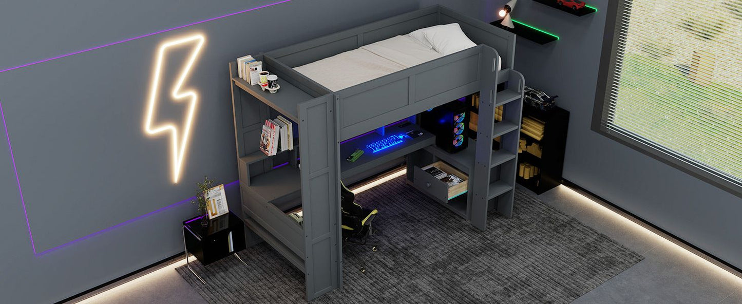 Twin Wood Loft Bed with Desk, Storage Shelves, and LED Lighting, Dark Gray | Just Better Bunk Beds