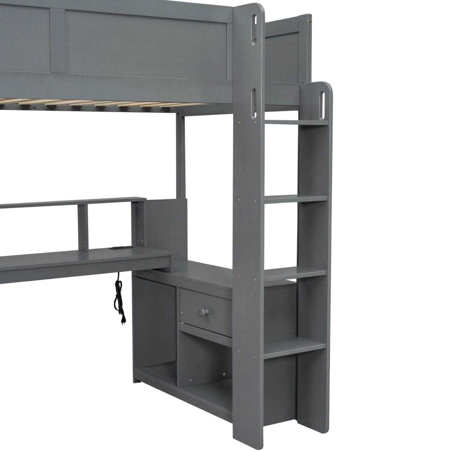 Twin Wood Loft Bed with Desk, Storage Shelves, and LED Lighting, Dark Gray | Just Better Bunk Beds