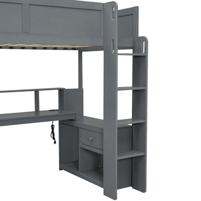 Twin Wood Loft Bed with Desk, Storage Shelves, and LED Lighting, Dark Gray | Just Better Bunk Beds